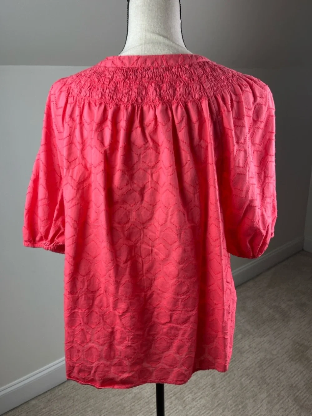 LOFT Coral Pink Smocked Puff Sleeve Blouse Women’s Large